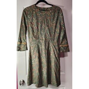 Handmade Women's Boho Hippie Indian Longsleeve Dress Metallic Thread Leaf Design